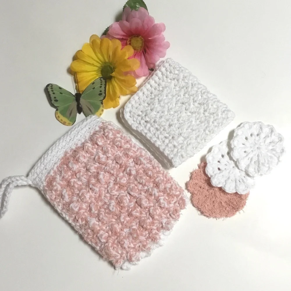 🆕 Cotton Spa Set - Handcrafted Exfoliating Mitt ,Wash Cloth, 3 Face Scrubbies
